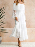 Lace Dress Women Slash Neck Off Shoulder Dress Female Hollow Out Long Dress Summer Ladies Boho Flare Sleeve Beach