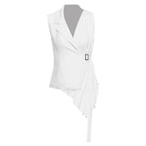 New Splicing Fold Design Irregular Hem Can Be Buckled Buckle Top Vest Coat Female