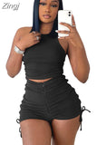 Sport Summer Clothes for Women 2 Piece Sets Drawstring Zipper Rib Shorts and Crop Top Casual Sexy Outfits