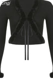 Autumn Winter Faux Fur Trim Long Sleeve T-shirts Front Tie Up Knitted Sexy T shirt Women Cardigan Cropped Top Tee