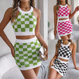Spring And Summer Hit The Color Lattice Umbilled Coat Hip Skirt Knitting Suit Women's
