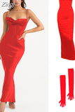 Satin Maxi Dress Sexy Long Prom Evening Party Dresses With Glove Purple V Neck Spaghetti Strap Dresses For Women