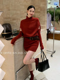 Xixi 13 Line 2025 Autumn White Standard Temperament Knitted High-Neck Dress Dress Thin High-Waisted Short Skirt Women