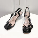 Large Square Head Crystal And Flower Sandals Female Feel Tight With Temperament High-Heeled Fashion