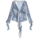 Lotus Side Long-Sleeved Shirt Women's Thai V-Neck Top High-Grade Tie Dye Chic Shirt Autumn