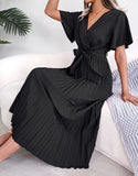Explosion Real Shooting Spring And Summer Temperament Cross V Collar Big Swing 100-Fold Dress Women's