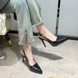 Leather High Heels Women 2025 Summer New Fine Heel Sexy Temperament Does Not Tired Feet Waterproof Table Behind The Empty Head