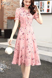 Sleeve Dress Women Summer Floral Printed Bow Pink Mid-calf Hot Sale 4XL Elegant Sweet Fresh Leisure Ladies Preppy