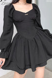 Fashion Elegant Puff Sleeve Black Dress Women Corset Autumn Pleated Sexy Party Dress Mini Double Layer Ruched