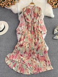 Autumn Bohemian Women Tie Dye Printed Pleated Long Dress Boho Stand Collar Puff Sleeve High Waist Draped Maxi Vestido