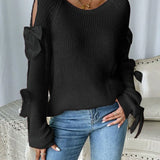 Autumn New French Round-Neck Bow Decorated Long-Sleeved Loose Knitted Jacket Sweater