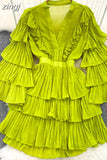 Vintage Women Cascading Ruffle Party Dress Elegant V-Neck Flare Long Sleeve High Waist A-Line Mini Vestidos Female