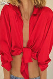 Women Lapel Solid Elegant Satin Shirt Blouses 2023 Vintage Long Sleeve Loose Button Up Female Single Breasted Shirts Tops