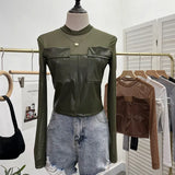 Sexy Micro-Permeable Mesh Splicing Pu Skin Bottom Shirt Women Autumn And Winter Body Repair Short Long-Sleeved T-Shirt Top