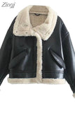 Winter Women Streetwear Faux Leather Fur Lapel Crop Jacket Autumn Female Moto Biker Thick Warm Sheepskin Outwear