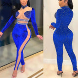 Women Jumpsuit Sheer Mesh Diamond Full Sleeve Party Night Clubwear Skinny Bodycon Long Romper Women Jumpsuit