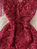 Sequins Party Maxi Dress For Women Sexy V-Neck Short Sleeve High Waist Tassel Long Robe Female Elegant