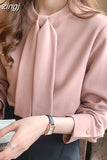 Spring New Loose Long Sleeve Women's Shirt Pink Office Lady Fashion Women Tops and Blouse with Bow Korean Blusas