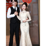 New Chinese Cheongsam Toasting Bride 2025 New Engagement Dress Fishtail Skirt High-End Wedding Day