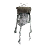 Shot Shoulder Cross Hanging Neck Knitting Mesh Yarn Coat Irregular Ribbon Horn Long-Sleeved T-Shirt