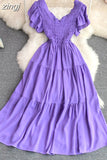 Women Vintage Draped Midi Dress Elegant Purple/Yellow/Red V-Neck Short Sleeve High Waist A-Line Big Swing Vestidos