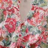 Printed Lantern Sleeve Dress Female Spring V-Neck Hollow Hook Flower Embroidery Light Luxury A