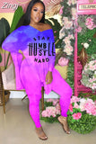 4XL Big Size Two Piece Sets Women Autumn New Loose Gradient Letter Print Lounge Set Split V Neck Tops Pants Matching