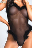 Sexy Mesh Sheer See Through Bodysuits Women Fur Feather Patchwork Sleeveless Strap V-neck Jumpsuits Female