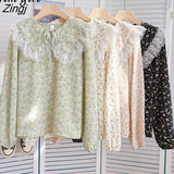Floral Print Shirt Women Sweet Cute Peter Pan Collar Long Sleeve Laced Blouse Japanese Kawaii Lolita Tops Female