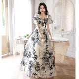 French Evening Dress Female Light Luxury High-End Niche Banquet Super Fairy Light Yarn Chinese Feng Shui Ink Painting Pattern Vocal Art