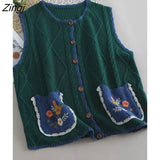 Vests Women Loose Knitting Cute Floral Pockets Students Vintage Peter Pan Collar Autumn New Arrivals Chic Ins