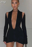 Sexy Hollow Deep V Neck Ruched Mini Dress Women Long Sleeve Backless Party Clubwear Lady Vestidos Mujer