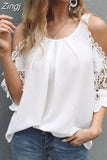 Shoulder Lace Blouse Women Summer Tops 2023 Hollow Out Half Sleeve White Black Blouses O-Neck Solid Loose 5XL Clothes