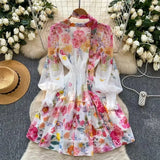 Famous Elegant Dress Woman 2025 Spring High-End Deep V Tie Ribbon Belt To Print Lotus Leaf Side