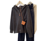 New Simple Casual Double Zipper Sweater Female Shoulder Long Sleeve Hooded Knitted Cardigan Women's Uniform
