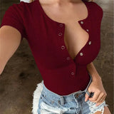 Zingj Spring And Summer Round Neck Short Sleeve Deep V Sexy Slim Bag Hip Button Solid Color Bottom