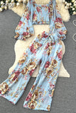 Women Floral Printed Two Piece Set Sexy Square Collar Lantern Sleeve Short Tops + Wide Leg Pants Suit Vacation Beach