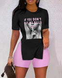 Size Women's Wear Spring And Summer 2023 New Leisure Printed Short-Sleeved Shorts Two