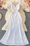 Sequins Party Maxi Dress For Women Sexy V-Neck Short Sleeve High Waist Tassel Long Robe Female Elegant