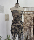 Shot Tie Net Yarn Printing Irregular Ribbon Three-Dimensional Flowers Small Man With Chest Short Skirt Dress Dress