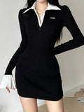 Flare Sleeve Skinny Black Dress Mini Patchwork Slim Basic Turn-Down Collar Casual Dress Women Contrast Korean