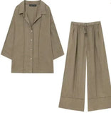 Women's Explosive Linen Long-Sleeved V-Neck Casual Shirt + Linen Mid-Rise Wide-Legged