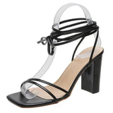 Summer Large Women's Shoes Sexy Square Head Tie With Fine Heel High Heels Cross-Tied