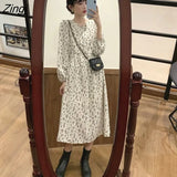 Women V-neck Retro Floral Basic All-match Trendy Ulzzang Sweet Ladies Long Dresses Chic Popular Mid-calf Vestido De