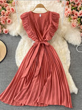 Women Green/Red/Beige Pleated Midi Dress Vintage V-Neck Draped Party Robe Female Elegant Casual Vestidos New Fashion