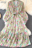 Floral Midi Dress Women Elegant V-Neck Lantern Long Sleeve High Waist Draped A-Line Casual Vestidos Female Spring