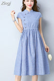 Vintage Cotton And Hemp Green Apricot blue Striped Short Sleeve Women Dress Summer Casual Loose Mid-Calf Lady Dress 4960