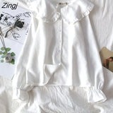 Women Korean Style Trendy Peter Pan Collar Blouses Korean Style Long Sleeve Tops Vintage Sweet Students Kawaii Daily