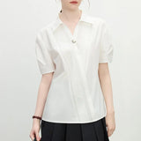 Temperament Design Sense V-Neck Shirt Woman 2025 Summer New Loose White Short-Sleeved Shirt Top