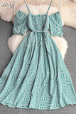 Vintage Women Spaghetti Strap Plaid Dress Female Elegant Short Puff Sleeve High Waist A-Line Casual Vestidos New